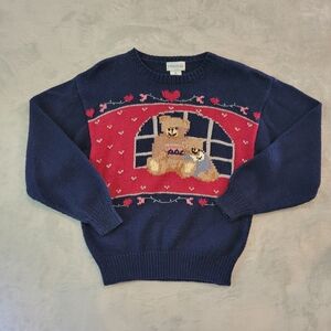 VTG 90s Navy Blue Chunky Knit Teddy Bear Sweater Medium Oversized